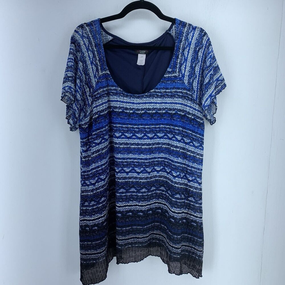 Cocomo Womens 2X‎ Pullover Tunic Top Stretch Blue White Stripes Relaxed Lined